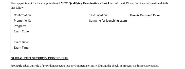ProProctor Prometric Confirmation Email