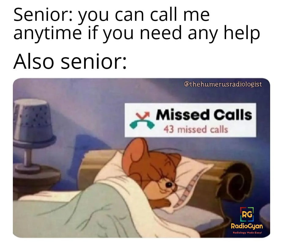 A funny meme depicting a senior radiology resident seemingly sleeping as the junior resident calls them for a case review during an overnight shift.