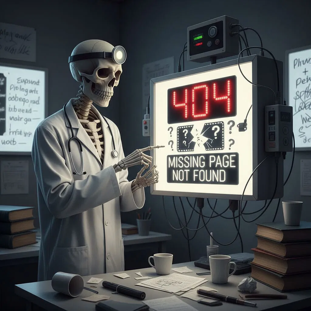 Skeleton doctor with headlamp pointing at a 404 page not found error on a monitor, representing a broken link.