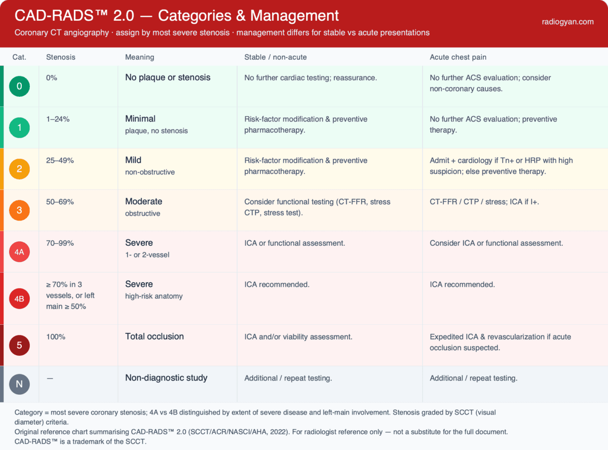 CAD-RADS 2.0 categories 0 to 5 and N with coronary stenosis ranges, meaning and management for stable versus acute chest pain on coronary CT angiography