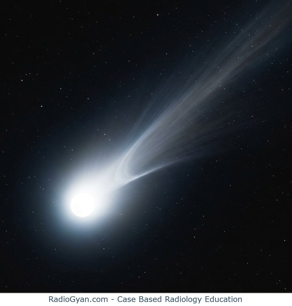 A comet with a bright nucleus in the lower left and a wide faint tail streaming toward the upper right, illustrating the comet tail sign.