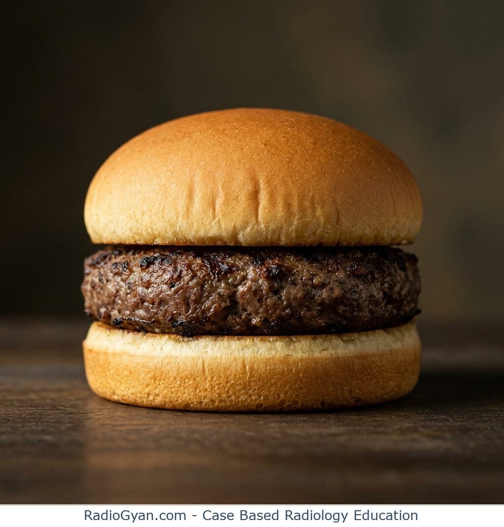 A whole hamburger seen from the side, its domed top bun and flat bottom bun sandwiching a beef patty, illustrating the hamburger bun sign of normal cervical facet joints.