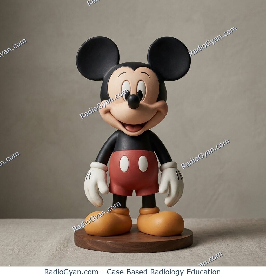 Mickey Mouse’s round head and paired circular ears illustrate the visual basis of the Mickey Mouse pelvis sign.