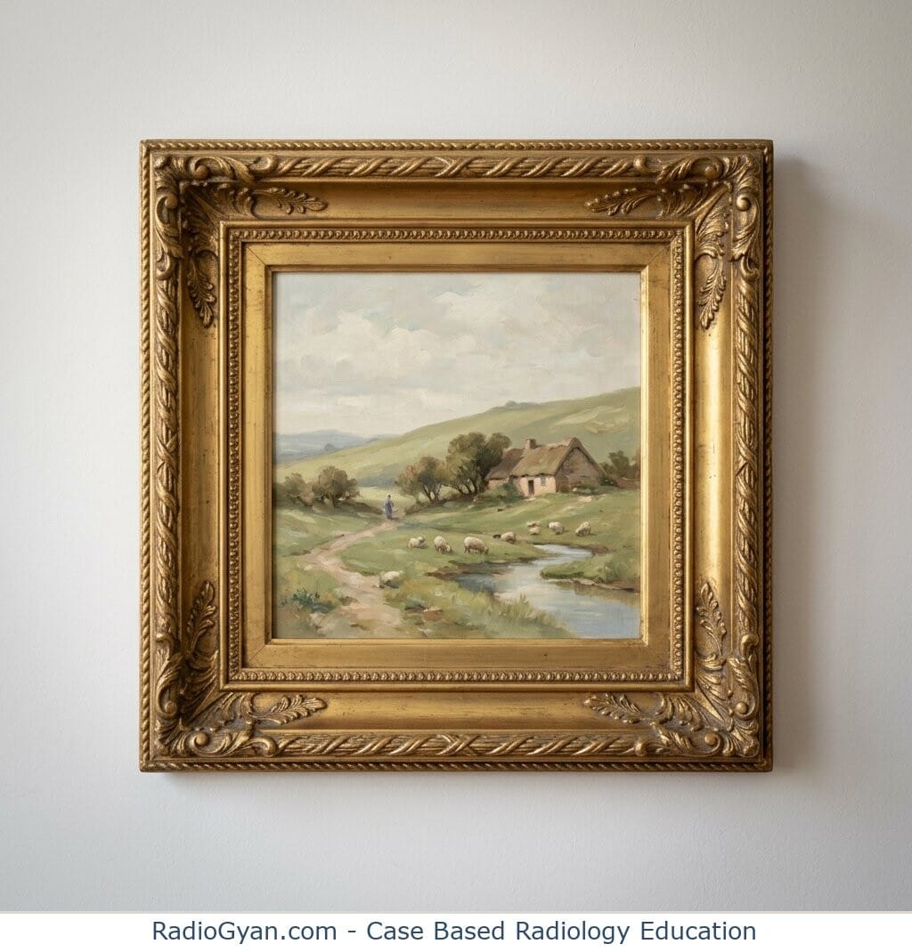 A gilded wooden picture frame forming a thick rectangular border around a simple landscape painting, the object behind the picture frame vertebral body sign.