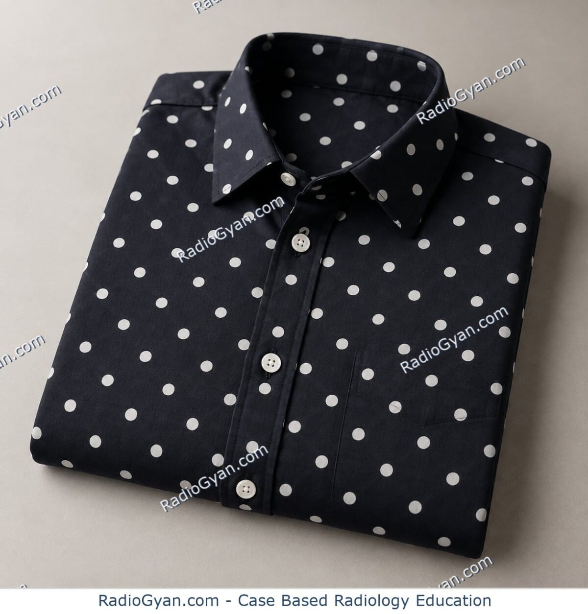 A neatly folded dark shirt with a white polka dot pattern, illustrating the visual origin of the polka dot sign in radiology.
