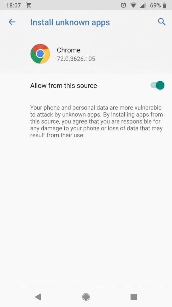 Android Install unknown apps settings screen showing Allow from this source turned on for Chrome, needed to install the RadioGyan APK