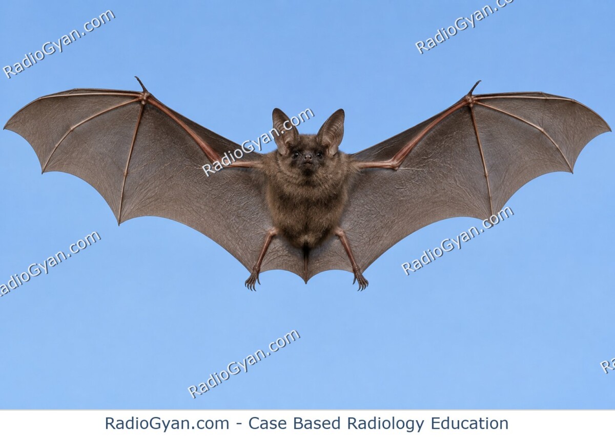 A bat with fully outstretched membranous wings illustrates the animal silhouette behind the bat-wing appearance radiology sign.