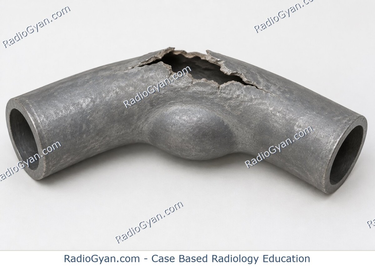 Illustration of a bent grey lead pipe with an outer crack and inner bulge explaining the lead pipe fracture sign.