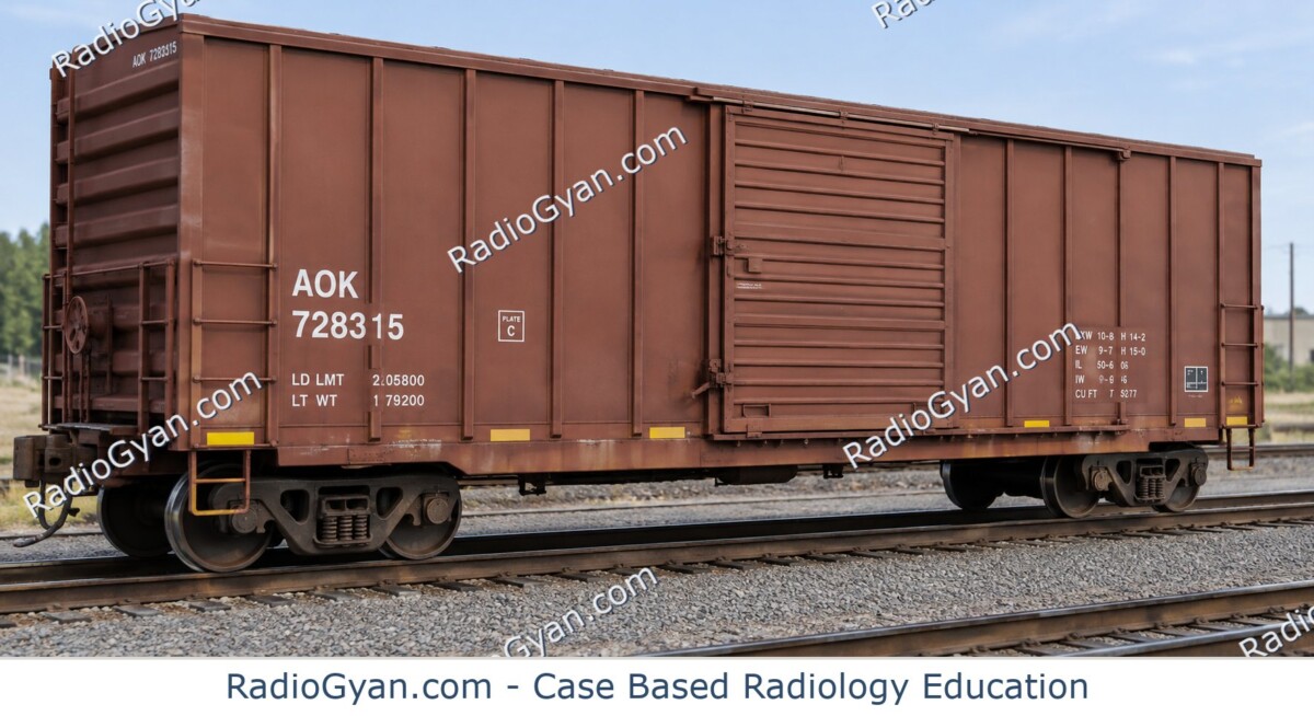 A rectangular freight boxcar illustrates the boxcar ventricles radiology sign.