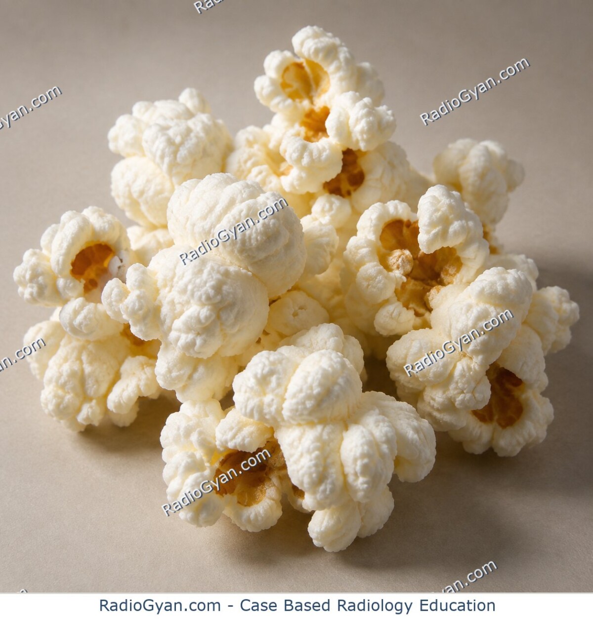 A cluster of popped popcorn illustrates the popcorn calcification sign.