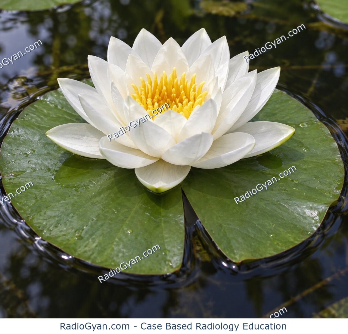 A white water lily floating on a lily pad illustrates the water lily sign.